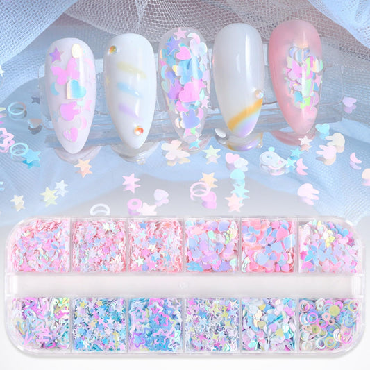 12 Colors Heart Star Nail Glitters Sequins 3D Holographic Pink Nail Flakes Spring Summer Nail Decals for Nails Art DIY Decorations Charms Manicure Supplies for Women