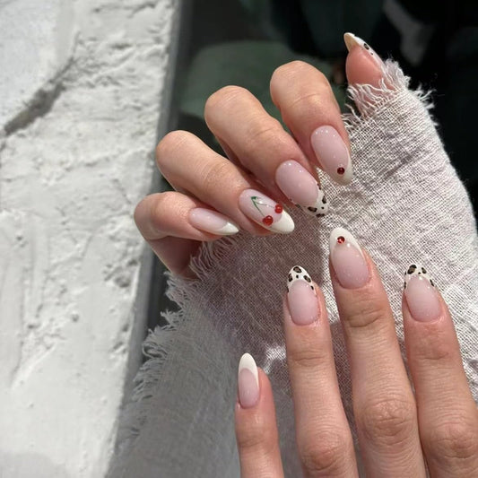 Handmade White French Tip Press on Nails Almond Summer Cherry Fake Nails Medium Length Glue on Nails Glossy Almond Nails Exquisite Design Stick on Nails for Women Girls Nail Art (MT-110, L)