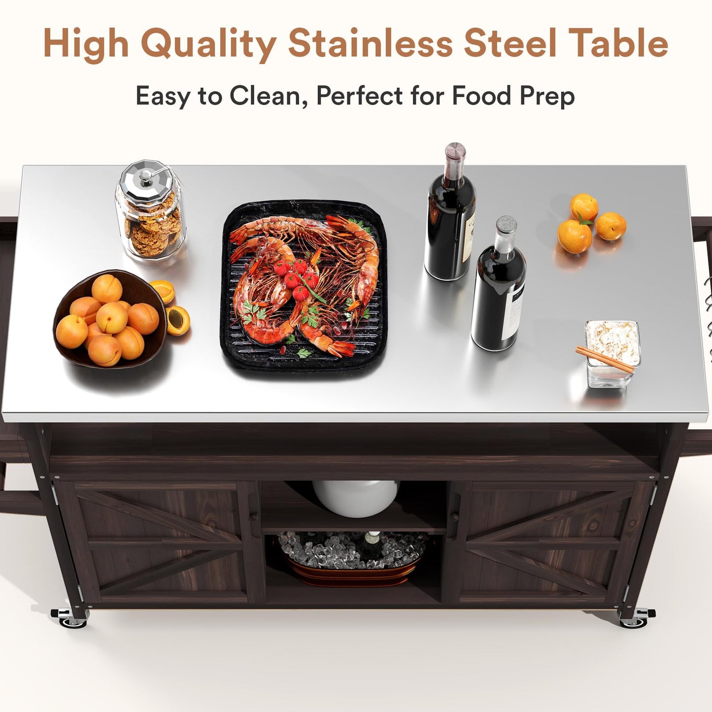 Zevemomo Outdoor Grill Cart with Storage, Stainless Steel Tabletop Outdoor Kitchen Island, Fir Wood Outdoor Buffet Cabinet with Lockable Wheels for Grilling, Dark Brown