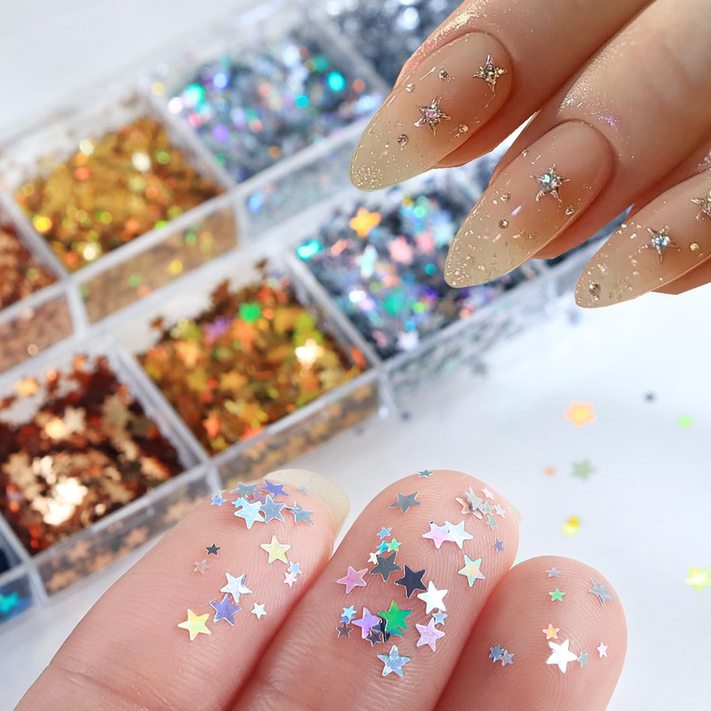 12-Grid Mini Star Holographic Nail Glitter,Mixed Five-Pointed Stars Shaped Nail Sequins Golden Silvery Sparkling Star Nail Design Pentagram Flake Shiny DIY Manicure Accessories for Women