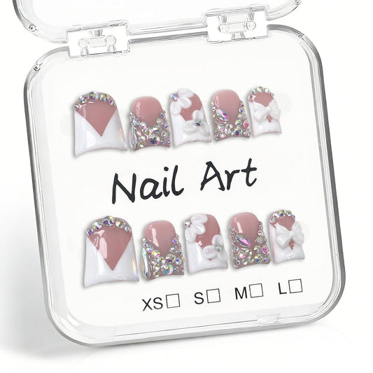 Flower Handmade Press on Nails 3D Floral Short Length Duck White French Tips Fake Nail Handmade Rhinestone Design Reusable Muti-Layer Gel Acrylic False Nails for Women (M)