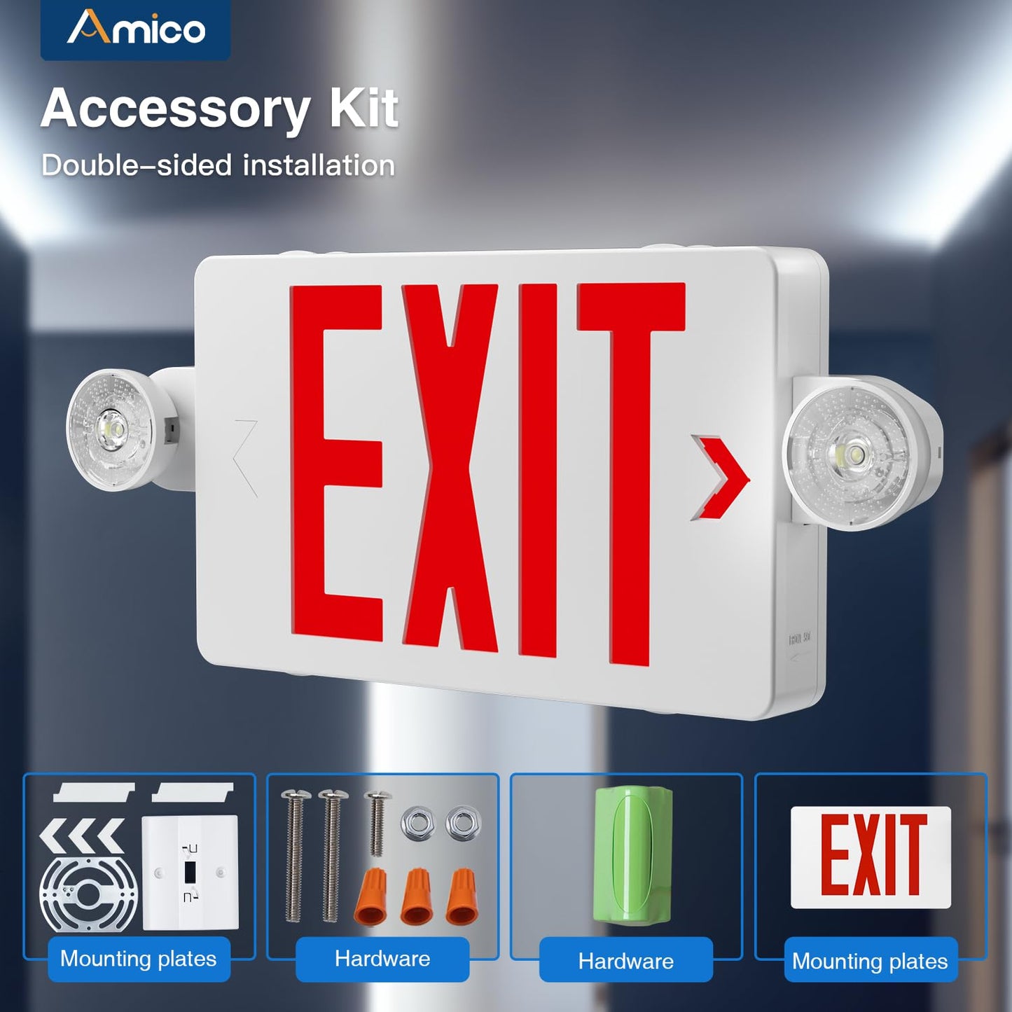 Amico 18 Pack Red Exit Signs with Emergency Lights, Commercial Grade 94V-0 Fire Resistant, Two LED Adjustable Heads, 90-Minute Battery Backup, ETL Certified 120/277V, Wall or Ceiling Mount