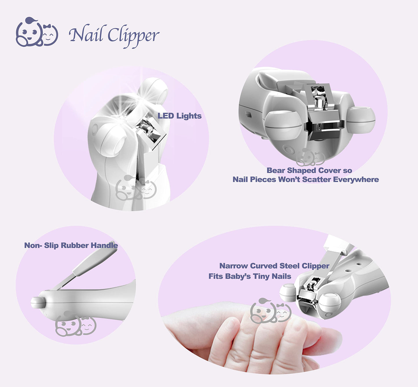 Royal Angels Rechargeable Dual Sided 20 in 1 Baby Nail Trimmer & Clipper, 15 Filing Pads, Whisper Quiet Electric File with LED Lights for Newborns & Toddlers, Safe Manicure Set for Families (Snow)