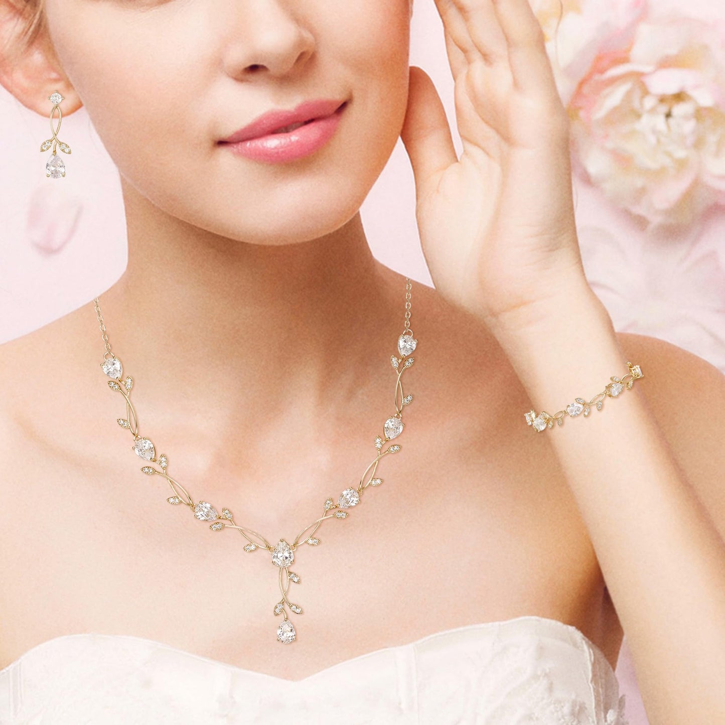 EVER FAITH Wedding Jewelry Set for Bride Bridesmaid, Gold-Plated-Brass Teardrop Cubic Zirconia Leaf Vine Bridal Prom Necklace Dangle Earrings Bracelet Sets for Women