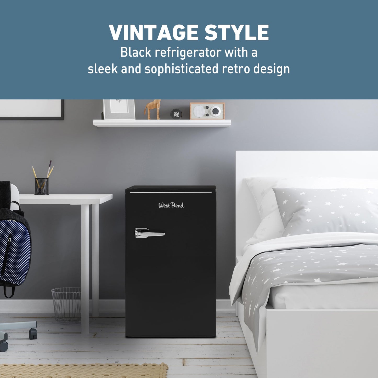 West Bend Mini Fridge for Bedroom, Office, Bar or College Dorm Room, Retro Compact Refrigerator features single door, removable glass shelves and adjustable temperature control, 3.0-Cu.Ft., Black