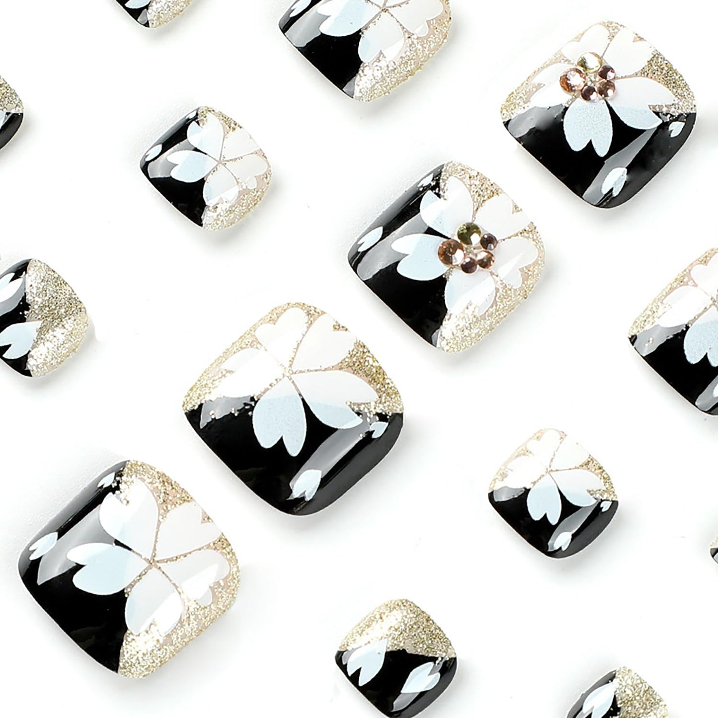 Black Artificial Acrylic Fake Nails for Toe, Press on Toenails Coffin with White Flower Designs, Full Cover Reusable False Toenails with Glue, Glue on Toe nails with Charm for Women Girls（JP2336）