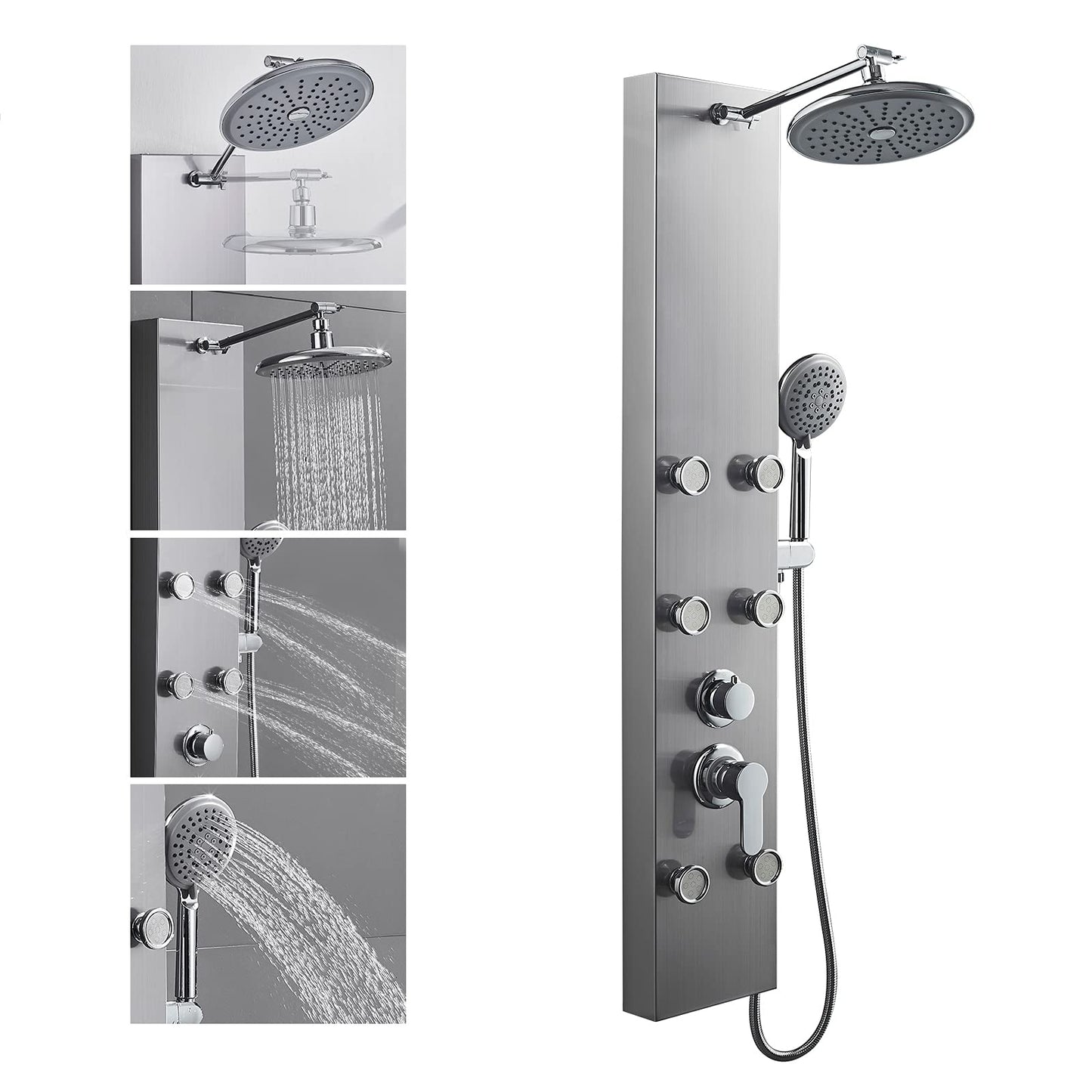 ROVOGO Stainless Steel Shower Panels System with 8-inch Rainfall Shower, 6 Body Jets and 5-Setting Handheld Shower Wand, Shower Tower with Adjustable Head, Brushed