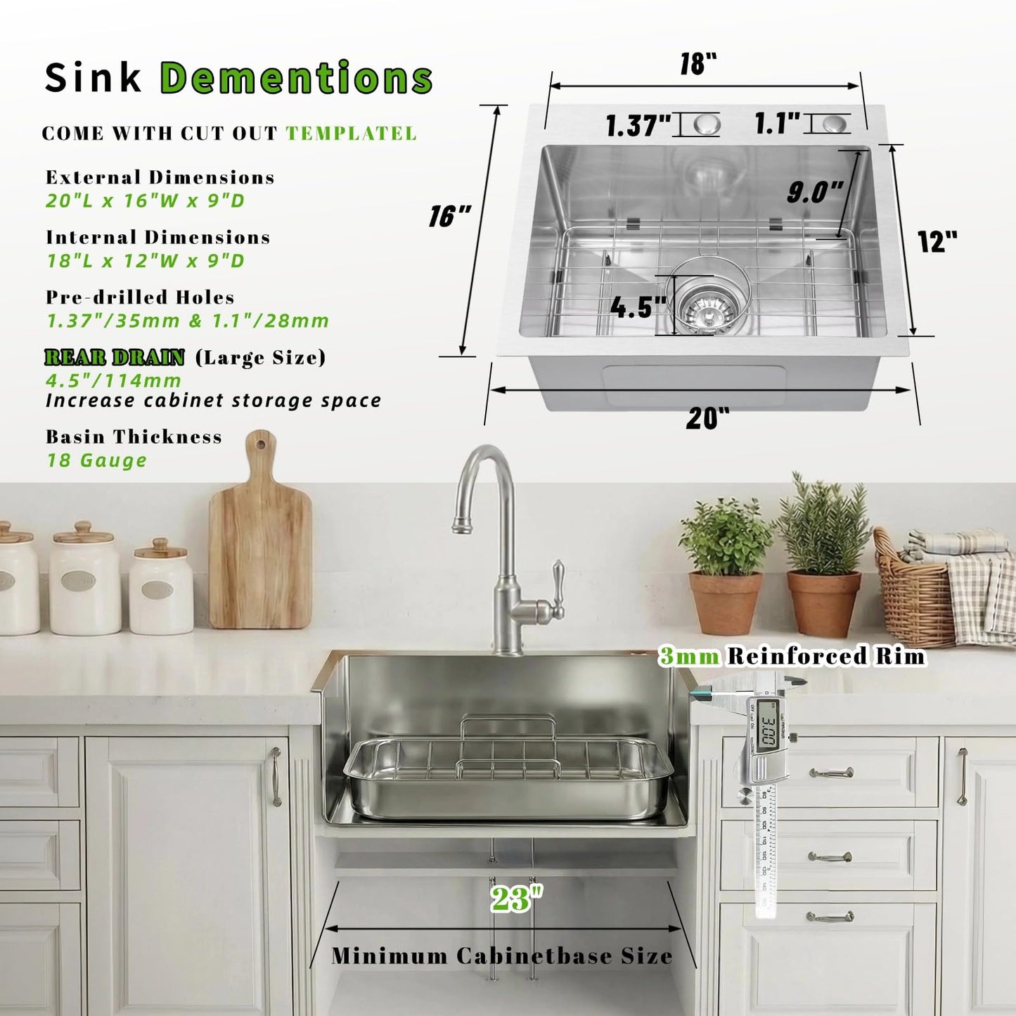 Beleeb Drop In Kitchen Sink 20x16", 9" Basin Depth, 18 Gauge Stainless Steel Sink, 3D Embossed Surface Finish Top Mount with Accessories