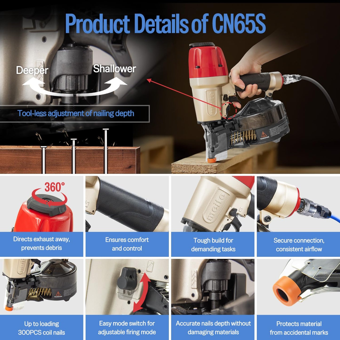meite CN65S Coil Siding Nailer - Pneumatic Nail Gun with 360° Exhaust & Safety Lock, Professional Air Coil Nailer Lightweight Fencing & Decking Tools, Accepts 15 Degree 1-1/2'' to 2-1/2'' Coil Nails