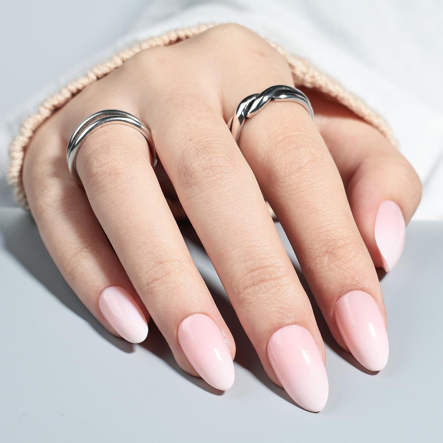 Pink Ombre Press On Nails - Pink Short Fake Nails, Almond Nude Press On Nails Reusable Stick On Nails in 16 Sizes, 32pcs False Nail Kit for Women & Girls(SoftPink Ombre)
