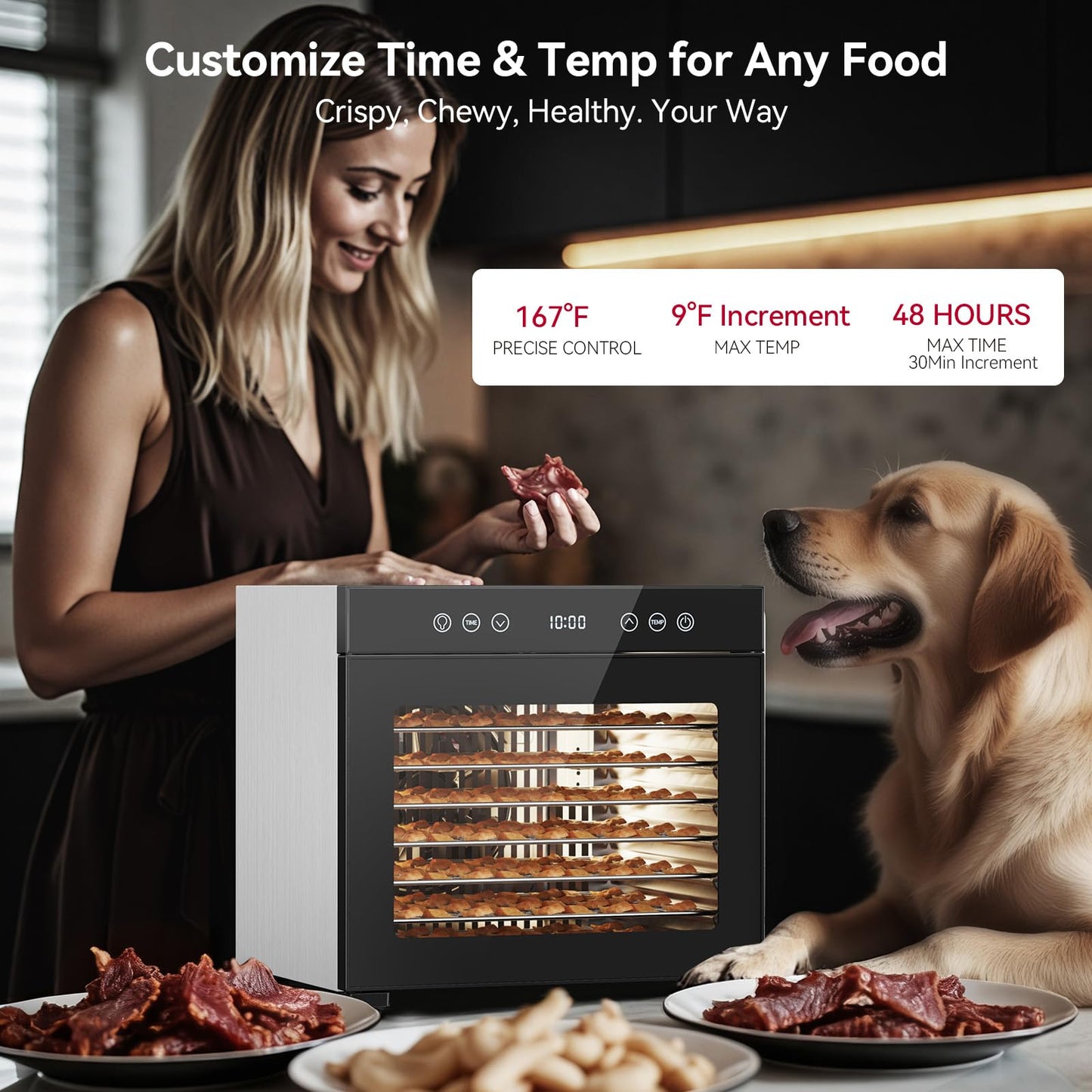 Food Dehydrator, Fruit Dryer Machine with Adjustable Timer & Temperature, 8 Stainless Steel Trays, Quiet Operation, 650W Powerful Dehydrator for Jerky, Fruits, Herbs, Dog Treats