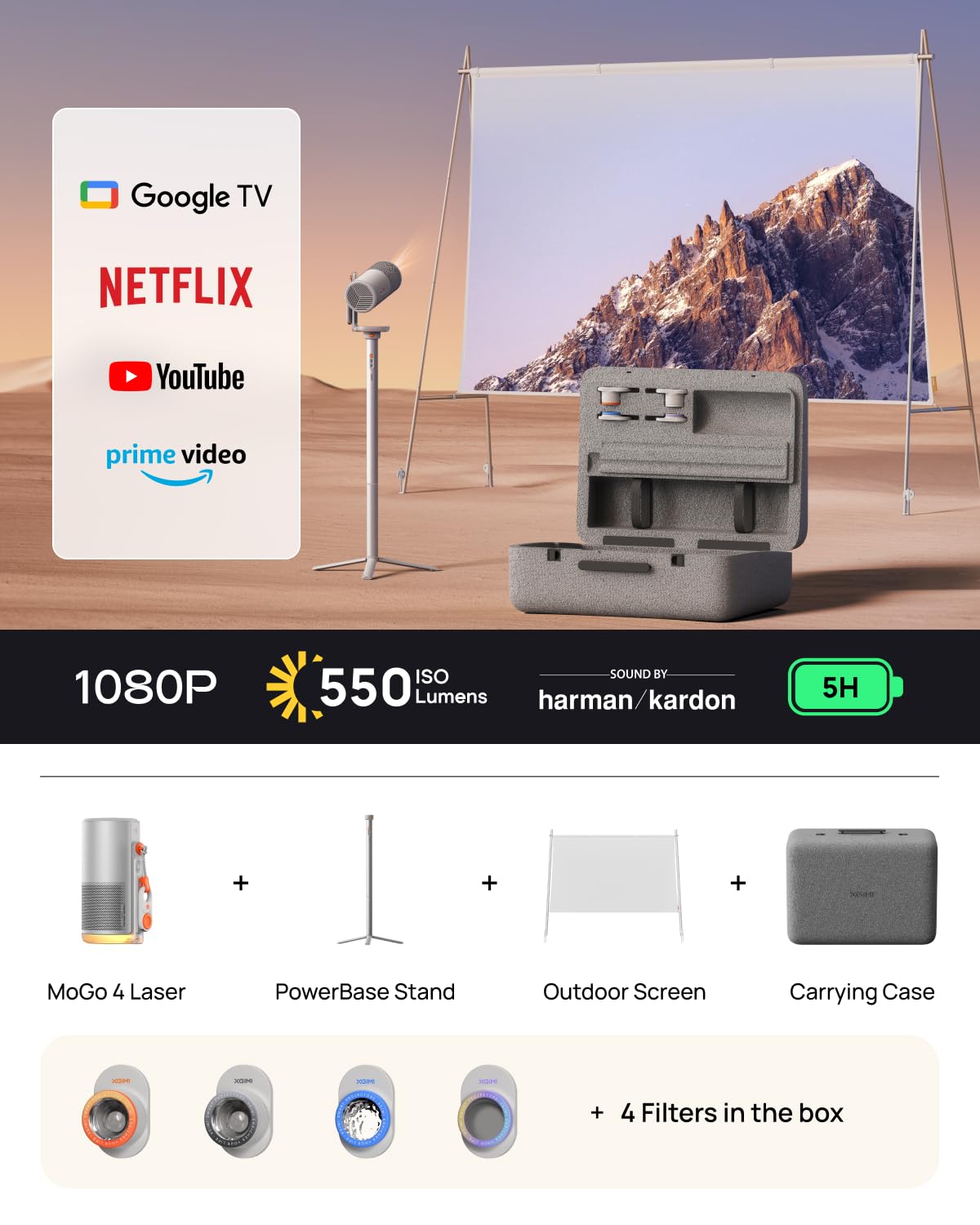 XGIMI MoGo 4 Laser Projector Collection, 550 ISO Lumens, Google TV , Official Netflix, 5h Battery Life – All-in-One Home & Outdoor Cinema Kit with PowerBase Stand, 70" Screen, 4 Filters& Carry Case
