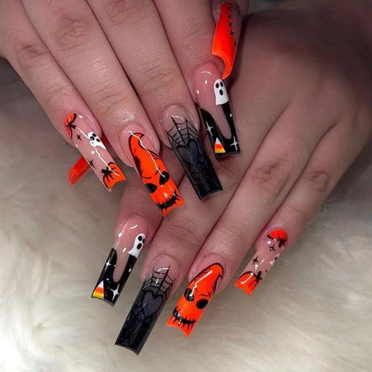 24pcs Halloween Press on Nails Long Square Fake Nails Monster Patch Pumpkin Ghost Spider Web designs Acrylic False Nails Glossy Full Cover Orange Black Glue on Nail for Women Party Manicure