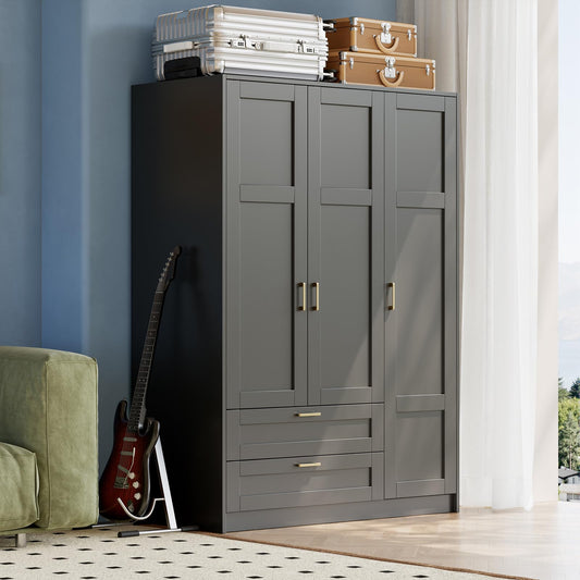 66" 3 Doors Wooden Wardrobe Closet Armoire with 2 Drawers & 3 Shelves, Wooden Wardrobe Closet with Hanging Rod, Bedroom Large Capacity Freestanding Armoire for Bedroom,Cloak Room,Entrance Hall, Black