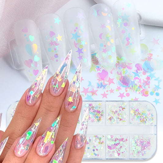 Iridescent Nail Art Glitter Sequins, Holographic 3D Ultra Thin Nail Art Glitter Flakes Designs, Heart Butterfly Round Star Acrylic Nails Supplies for Women Girls Manicure Decorations, DIY Nail Crafts