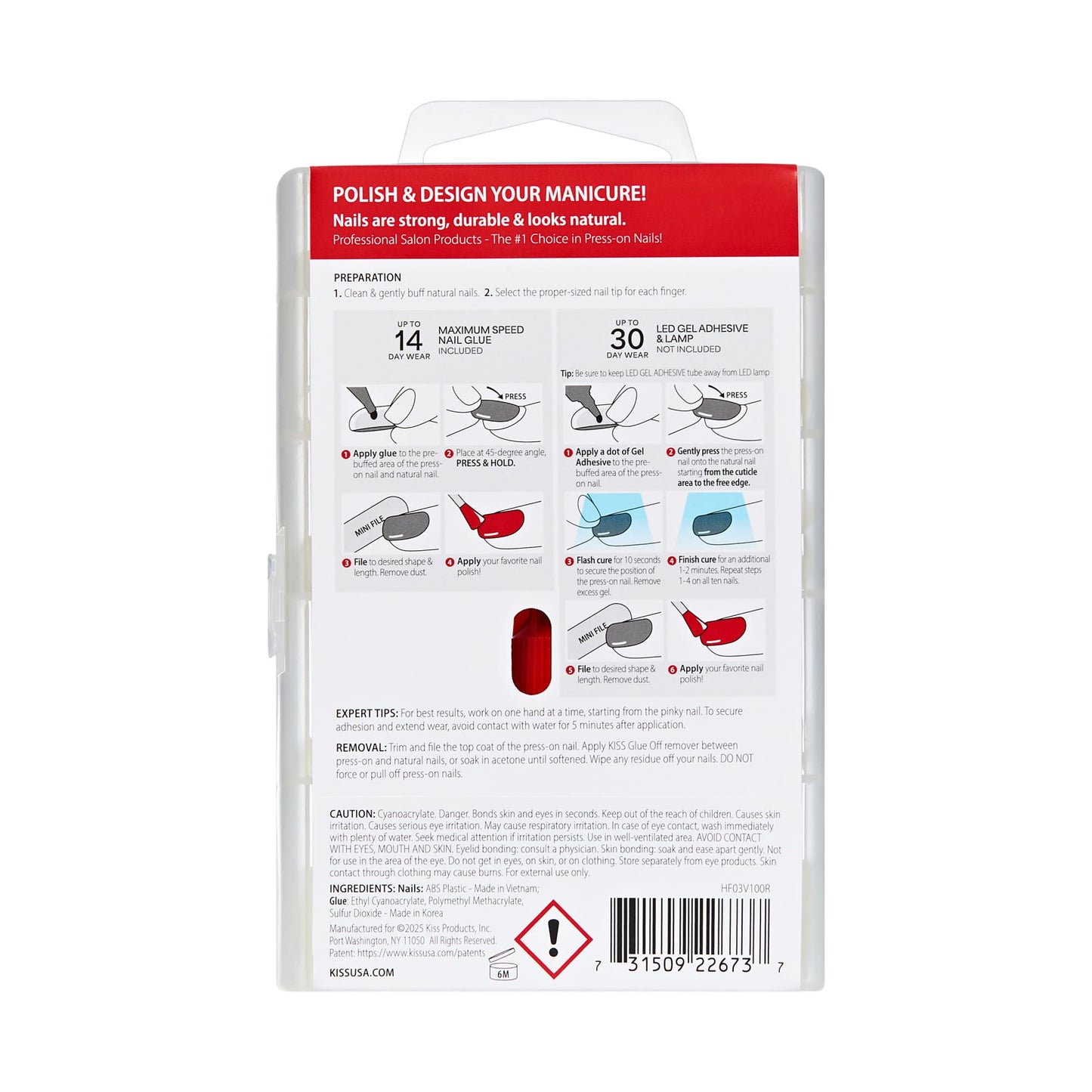 Kiss PROFESSIONAL, Press On Nails, Nail glue included, 'Absolutes', White, Medium Size, Square Shape, Includes 140 Nails, 3g Glue