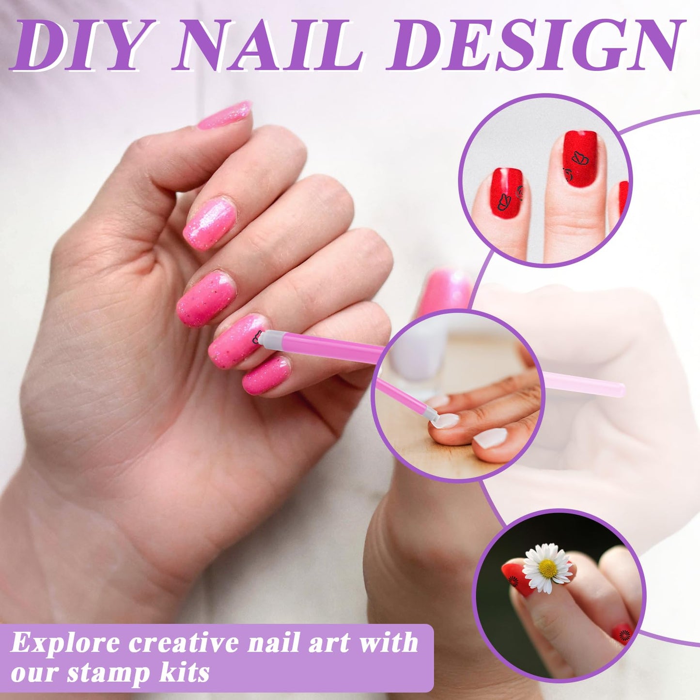 Yitexin 20 Pieces Nail Art Stamp Pen Set with Different Patterns, Craft Nail Stamping Pen for Women Manicures, Butterfly Flower Rose Design Stamp Pencil Stamper Tools Kit for Home Salon DIY (Pink)