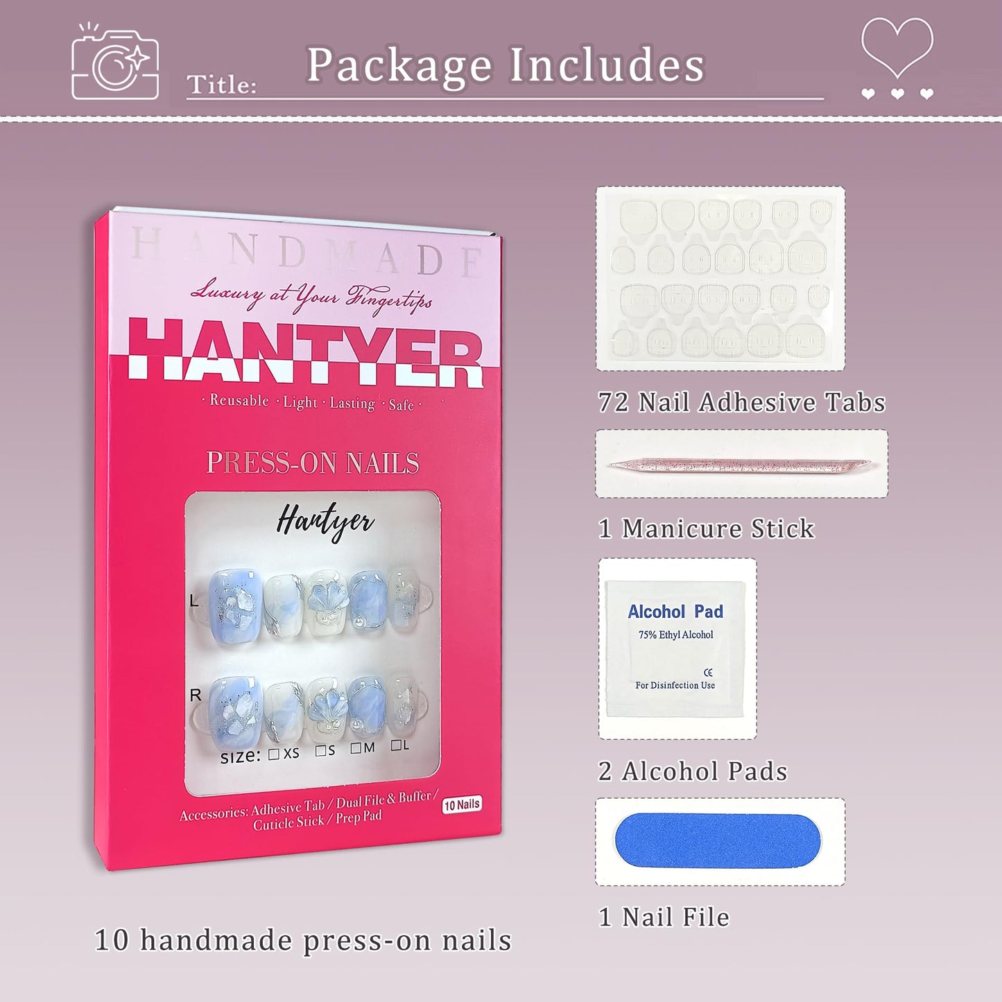 Hantyer Press on Nails, Short Coffin Fake Nails, Blue Marble & Hand-Painted Silver Streaks, Icy Blue Glittering Nails, Handmade Nails Sweet Style for Office, Holiday Parties & Special Events(Size L)