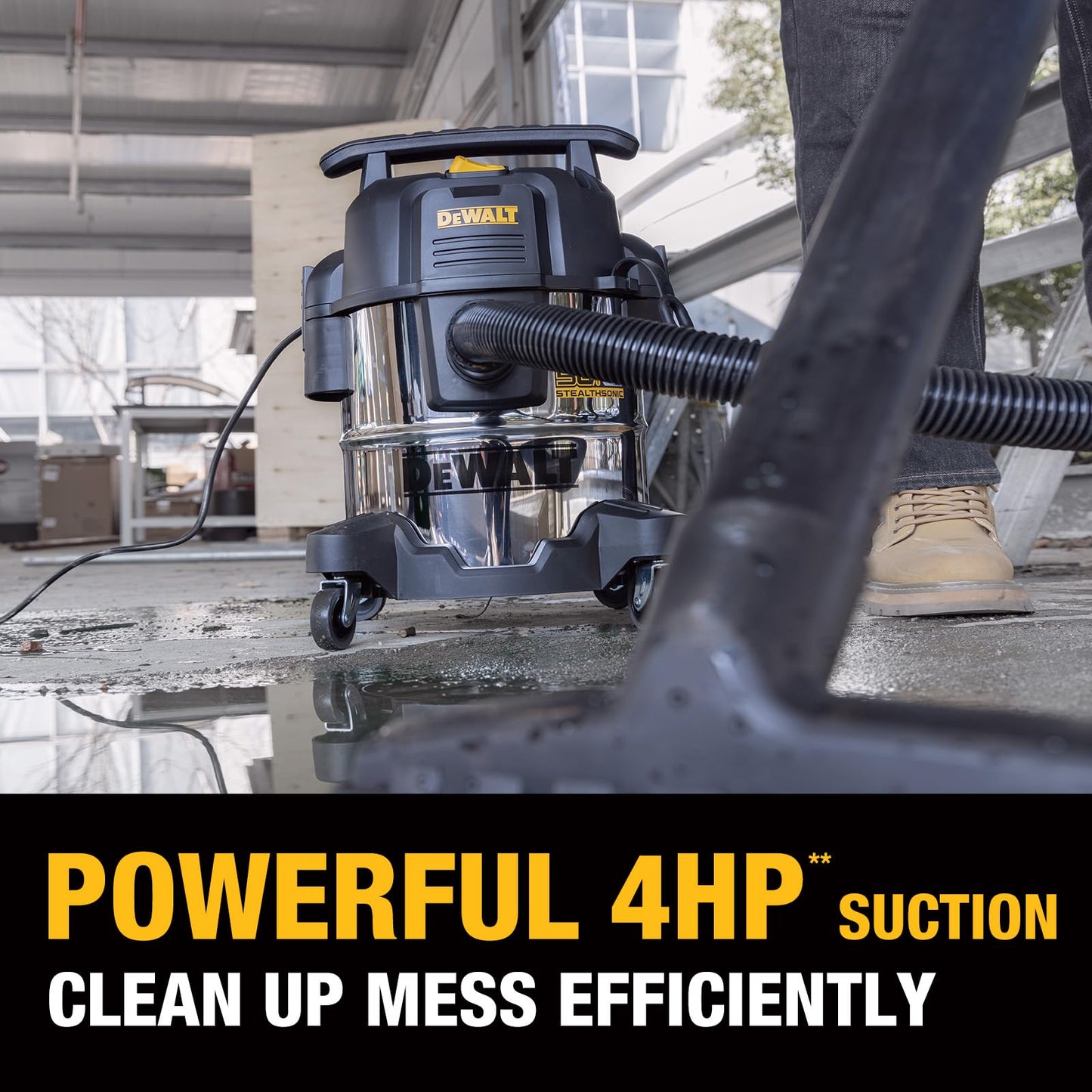 DEWALT 5 Gallon STEALTHSONIC Shop Vacuum Wet and Dry, Powerful Suction & Portable Shop Vac with Attachments, Ultra Quiet Wet Dry Vacuum for Home, Garage, Car, Workshop, Jobsite, DXV05S-QT, 4 Peak HP