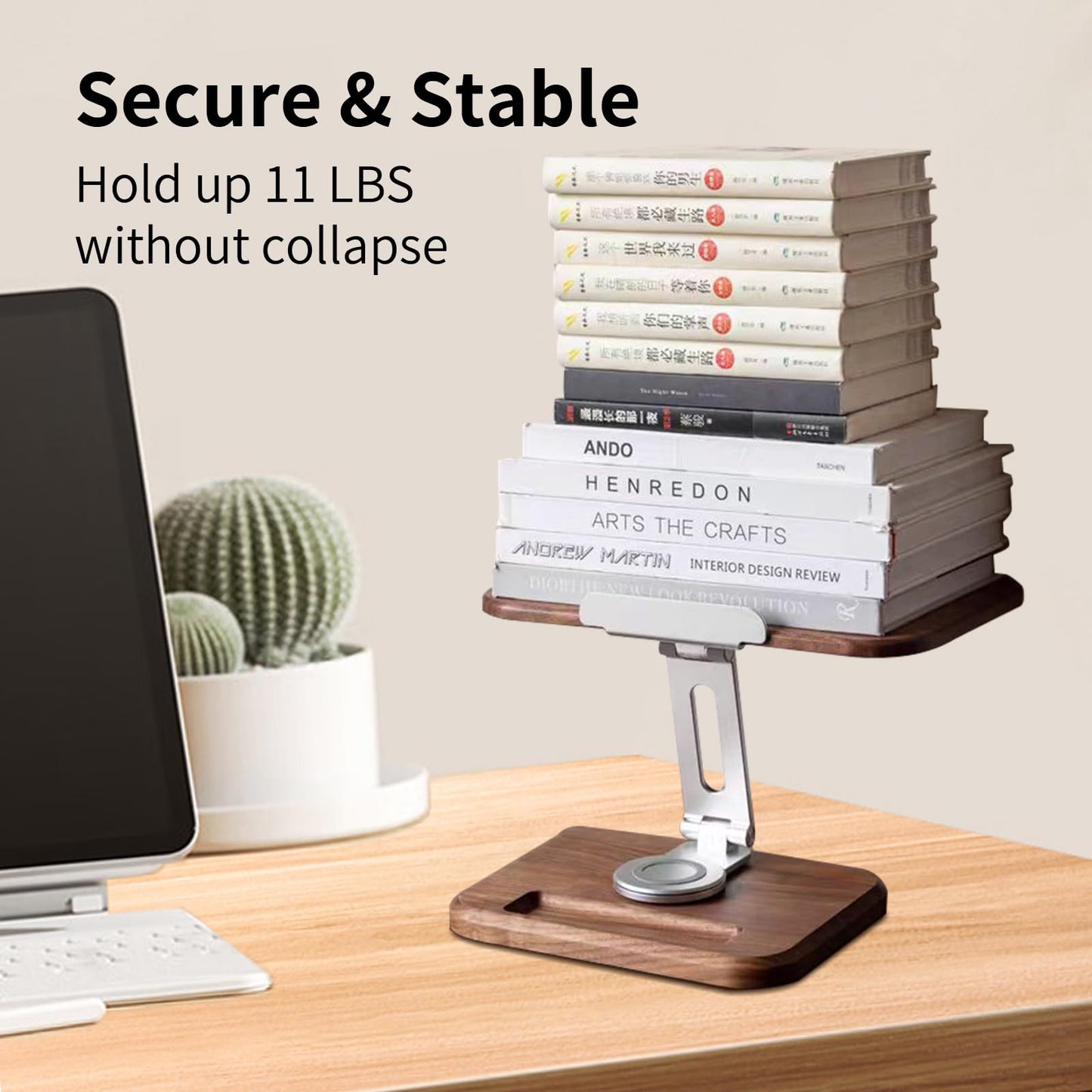 Book Stand for Reading, Mayhas Adjustable Book Holder with 360° Swivel Base&Page Clips, Foldable Desktop Stand for Cookbook, Fits All Books (Walnut, Wood Base)