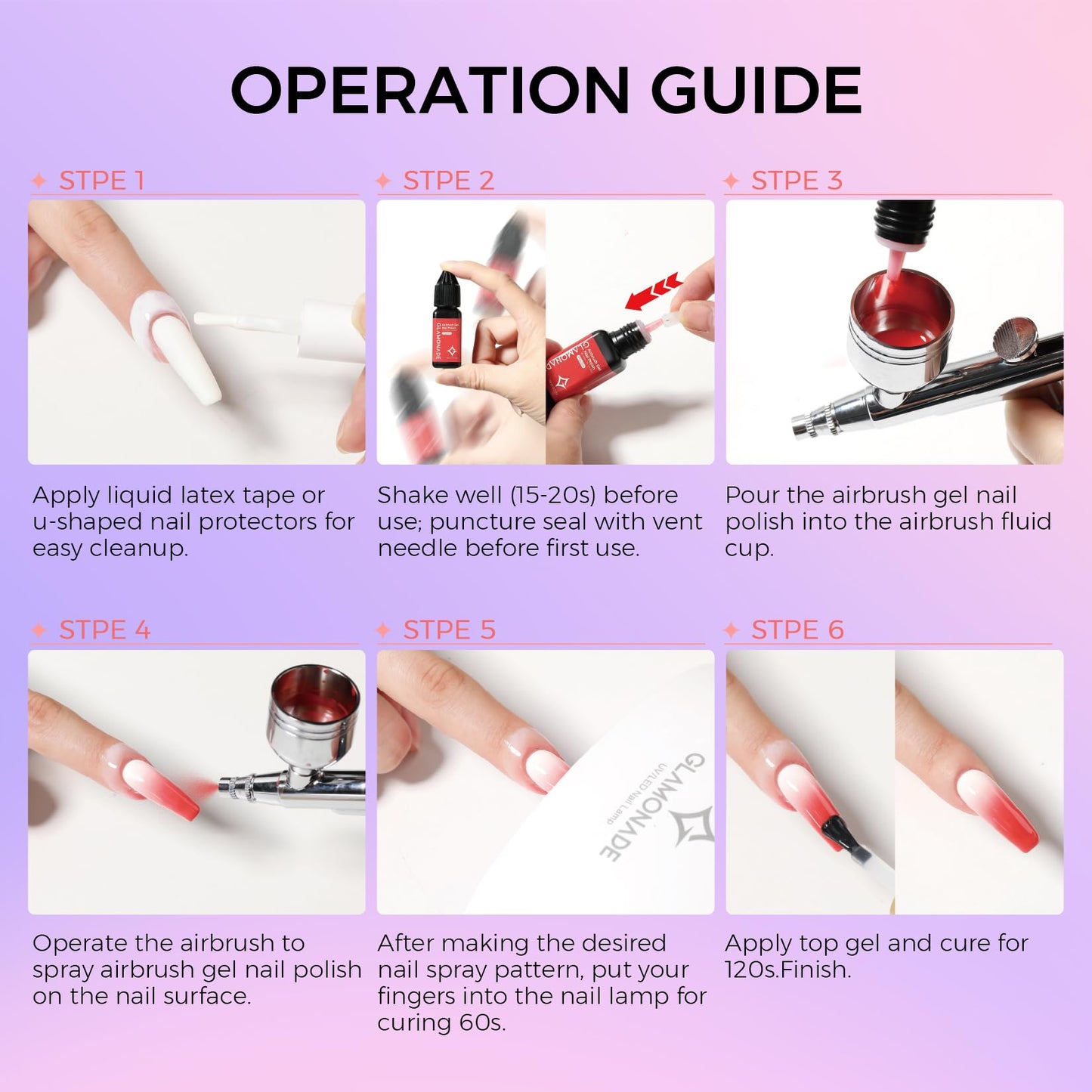Glamonade Airbrush Gel Nail Polish: 15 Colors Kit No Clogging No Dilution Smooth Spray High Pigment for Ombre French Nail Art Airbrush Nail Paint Beginner Friendly