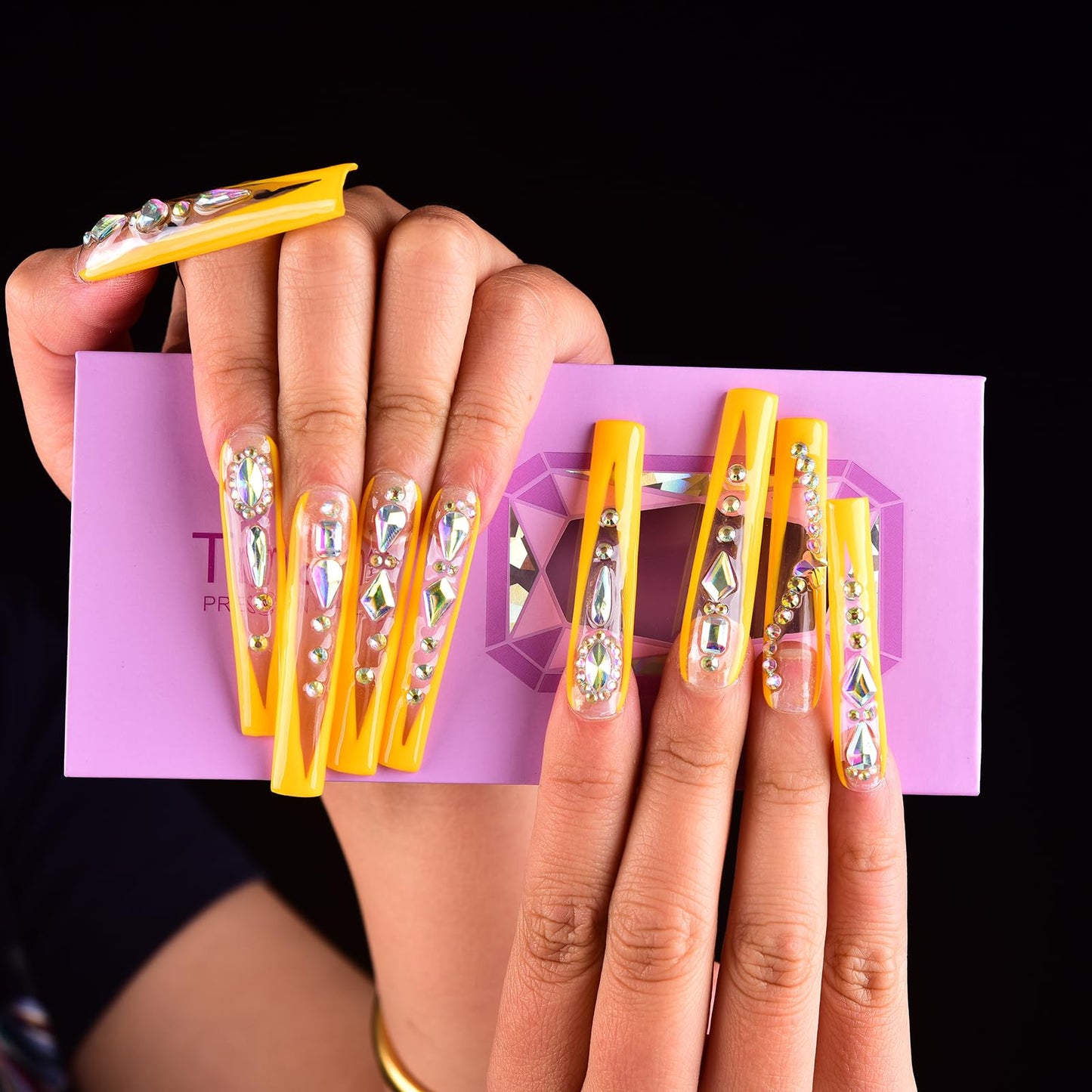 Tmani 10pc/set Extra Long Handmade Press On Nail Hot Girl's Long Ballet Nails Square Nail Full of Diamond Glitter Decoration Fake Nails Suitable For Girls Festival Parties and Birthday Gift (144,M)