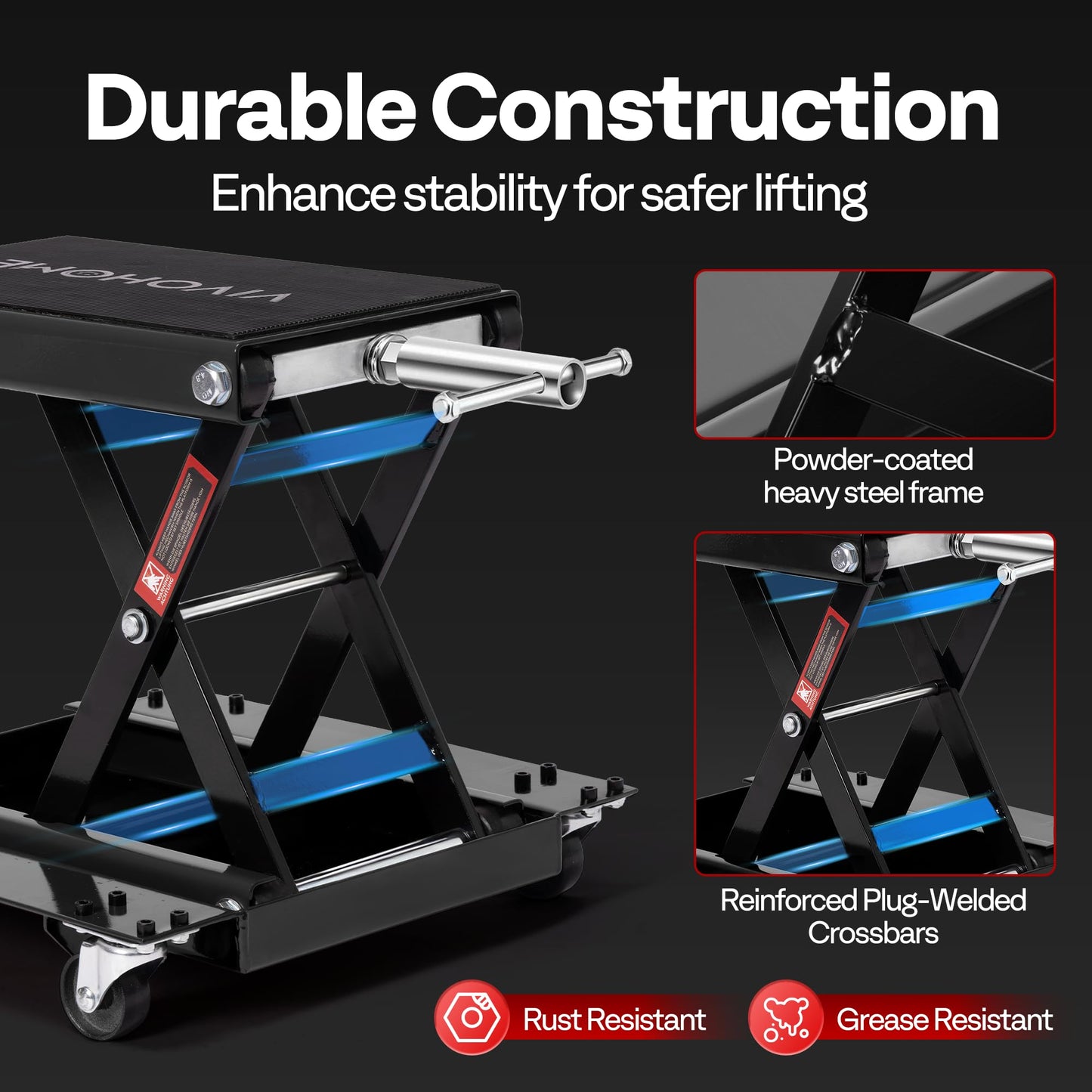 VIVOHOME 1100 Lbs Motorcycle Lift Jack, Steel Wide Deck ATV Scissor Lift with Dolly Wheels & Hand Crank, Bike Garage Repair Hoist Stand for Maintenance, Black