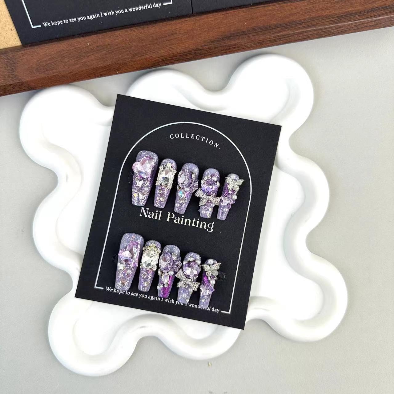 100% 5D Handmade Press on Nails Diamond Long Coffin Nails Press ons Purple Glitter False Nails Rhinestone Silver Butterfly Charms Press on Nails for Women Girls Daily Wear DIY Manicure Size M