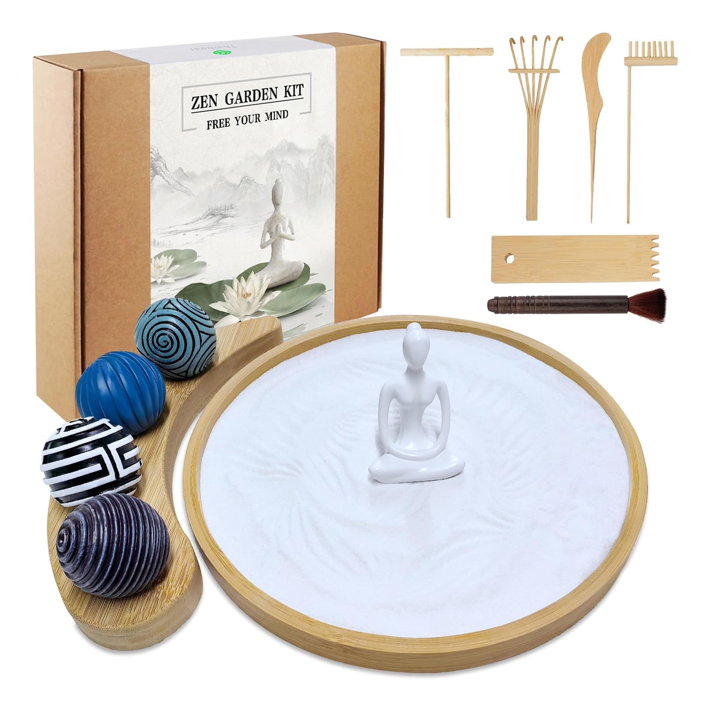 Zen Garden Kit for Desk - Premium Beautiful Japanese Mini Zen Sand Garden Box Gift Set for Home Decor, Office Desk with Large Round Bamboo Tray, White Sands, 4 Sand Spheres & Spheres Holder