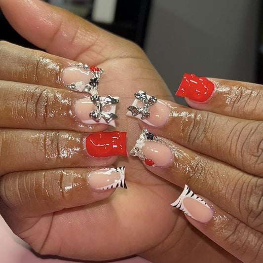 CTTHNBD Short Press on Nails - Square Fake Nails with Silver Bow Charms Design - Zebra Stripes, French Tip False Nials - for Women 24 Pcs