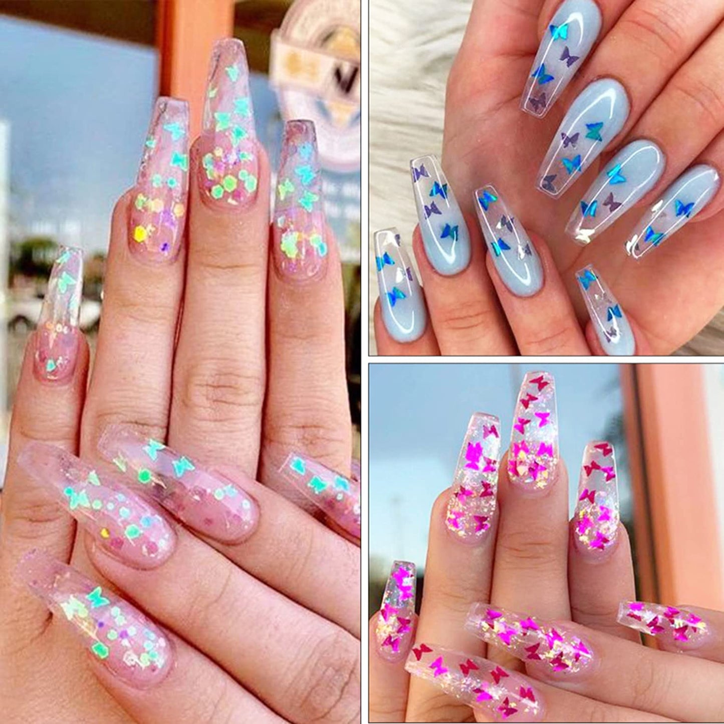 12 Colors Butterfly Nail Art Stickers Butterflies Nail Glitter Sequins 3D Art Accessories Butterfly Shape Flakes Powder Holographic Gold Red Pink Butterflies Sequins Design Acrylic Nails Supply Kit