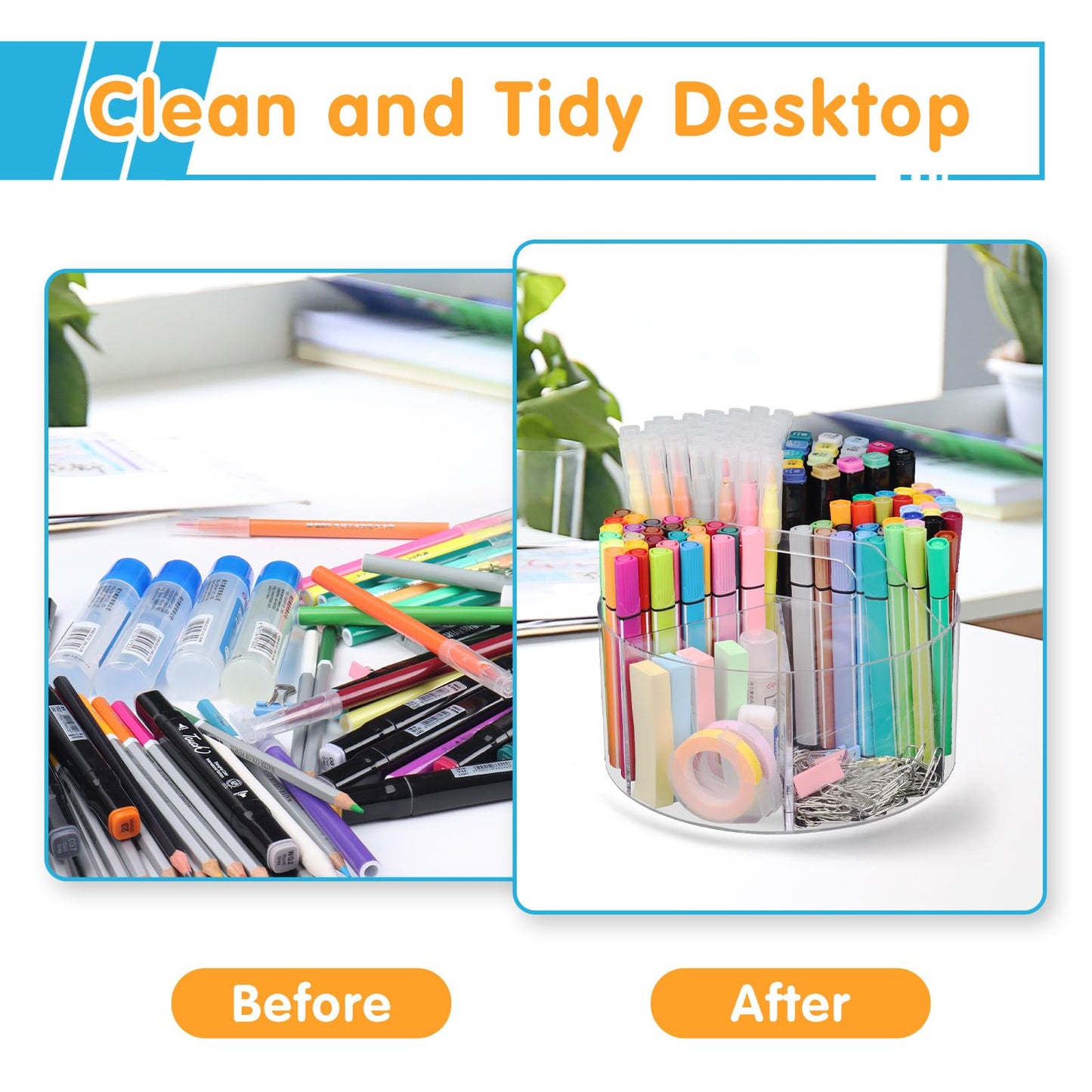 Mefirt Acrylic Pen Holder, 360 Degree Rotating Pen Organizer, Rotating Desk Acrylic Office Organizer with 6 Compartments, Marker Organizer for Kid, Crayon Caddy School Art Supply Storage Organizer