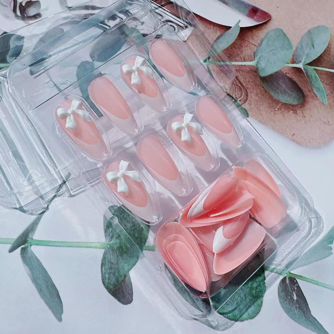 24Pcs French Tip Press on Nails Medium Almond Shape Fake Nails with White Bow Design Charms False Nails Stick on Nails Press ons Full Cover French Acrylic Nails for Women Girls Nail Decorations