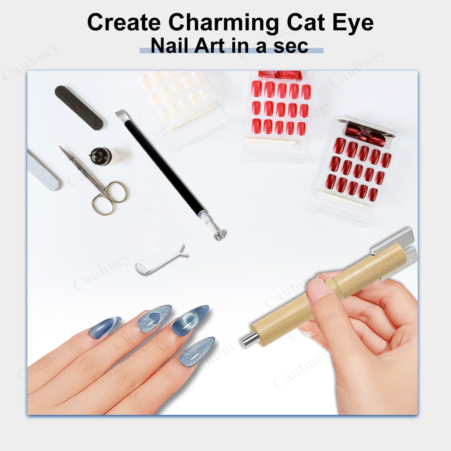 Caubuey 4 in 1 Cat Eye Nail Magnet Stick with Heart Shaped Tool, Multifunctional Magnetic Nail Pen for Gel Polish — 3D Cat Eye Magnet for DIY Nail Art, Manicure, Salon, Studio Use (Wood Color)