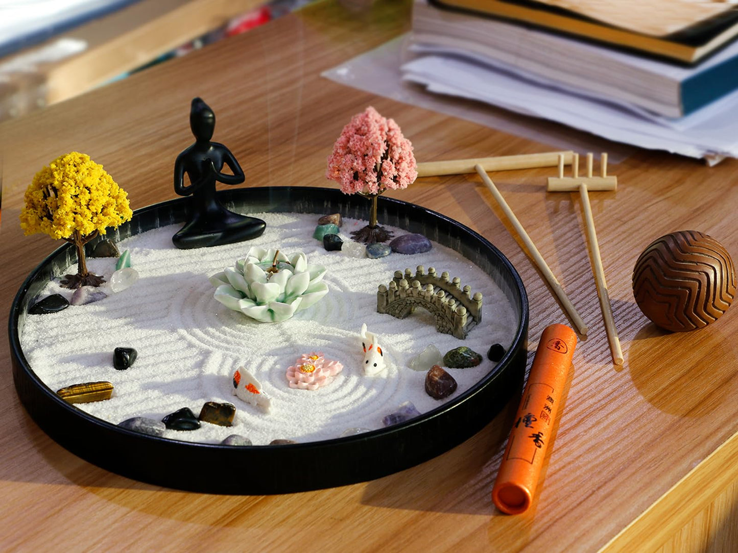Meditation Yoga Zen Garden kit - Home Office DIY Japanese Mini Rock Sand Garden Desktop Chakra Shine Altar Zen Decor Zen Gifts for Adult w/Rake Tools Accessories Healing Crystal Sphere