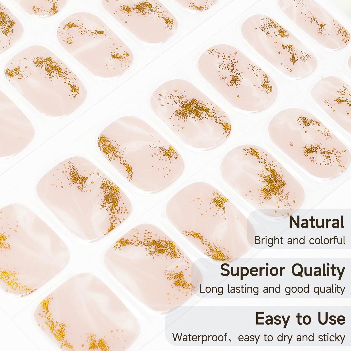 DUKASOU Semi Cured Gel Nail Strips 28 pcs French Nail Stickers for Women (Gold foil Stamping) Full Nail Wraps -UV Lamp Required Long Lasting Easy to Apply