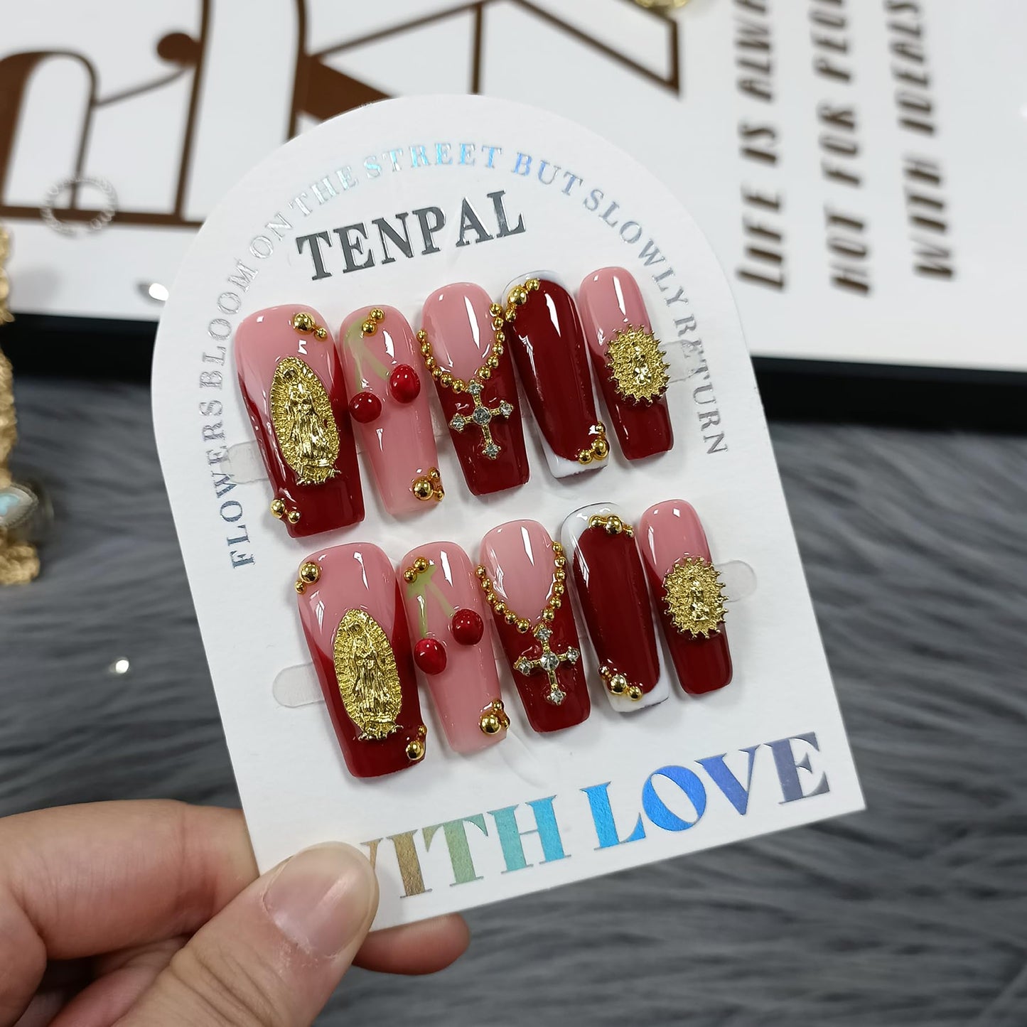 TENPAL Burgundy French Press on Nails Long Square,3D Embossed Cross Design Luxury False Nails for Wedding Party,Elegant Gothic Glue on Nails for Women Girls(L)