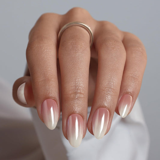 Chrome Press On Nails Short Almond - GJZEZ Soft Gel Glazed Donut Fake Nails Press Ons with Ombre Deign, Nude to Milky White Spring Summer Reusable Faux Nail Gifts for Women in 16 Sizes - 32PCS