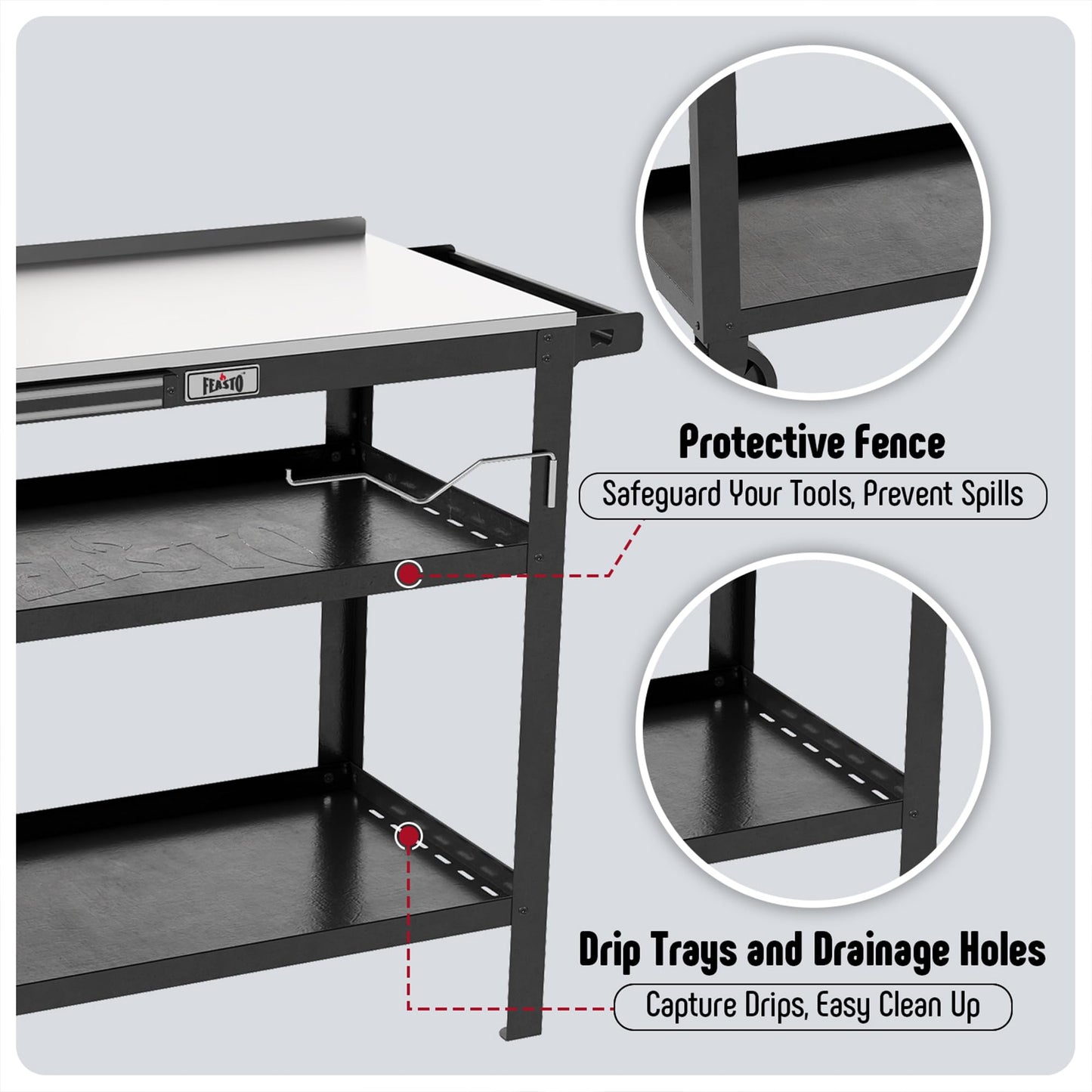 Feasto 31.5"x18" Outdoor Stainless Steel Grill Table, Movable Grill Prep Table Table with Seasoning Rack & Magnetic Tools Holder, Backyard BBQ Kitchen Food Prep Table for Portable Griddle & Pizza Oven