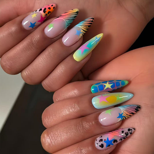 octoswave Long Stiletto Press on Nails Star Patterns Rainbow Gradient Colorful False Nails for Party Festival Vacation 24Pcs