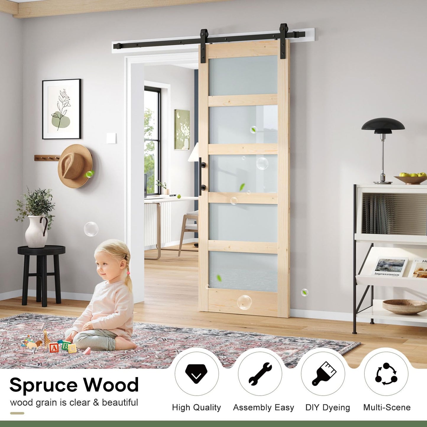 ROYMELO 28x84 inch Glass Sliding Barn Door Slab with 5ft Hardware Kit Included, 5-Panel Frosted Glass, Spruce Wood Support DIY Dyeing, Easy Assembly