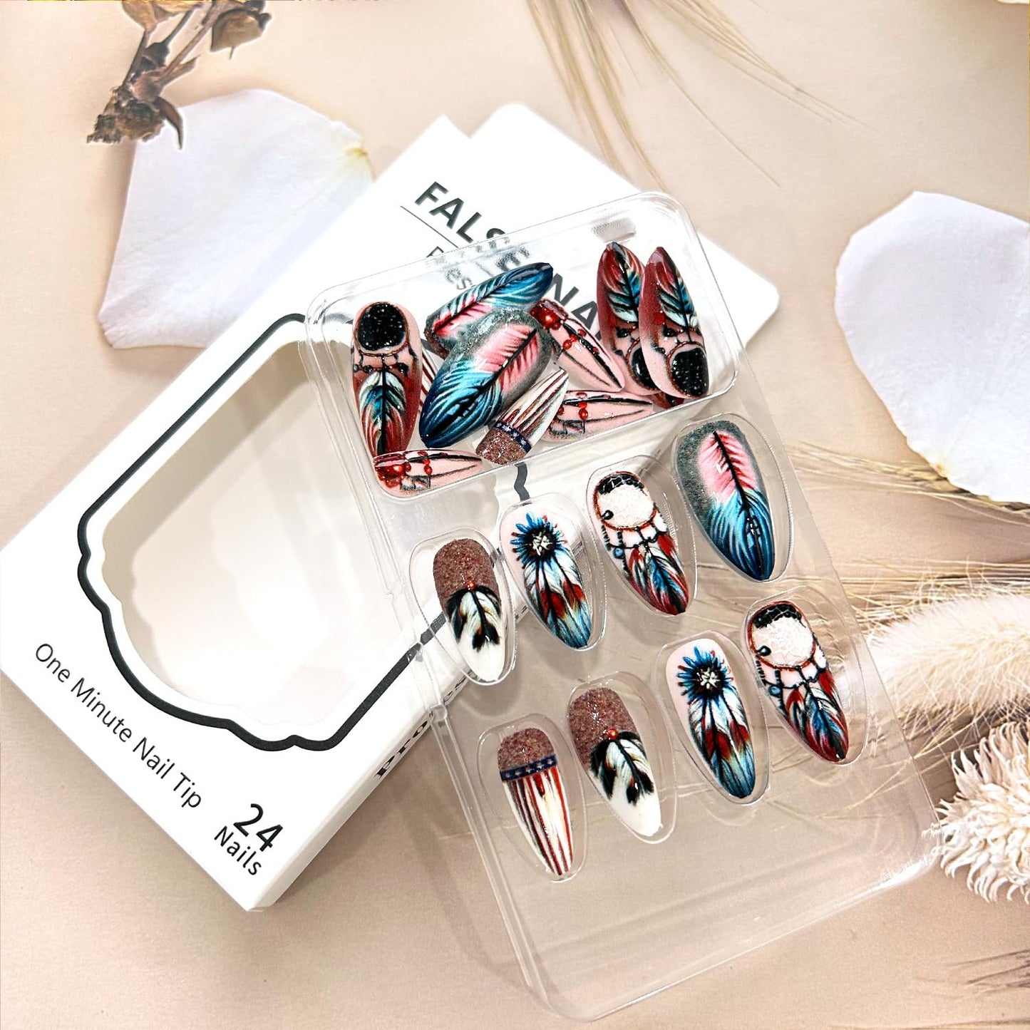 Press on Nails Almond Medium Colorful Feather Gradient Design Glitter Powder False Nail Full Cover Glossy Acrylic Artificial Stick on Nails Press Ons Handmade DIY Reusable Glue on Nail for Women 24Pcs