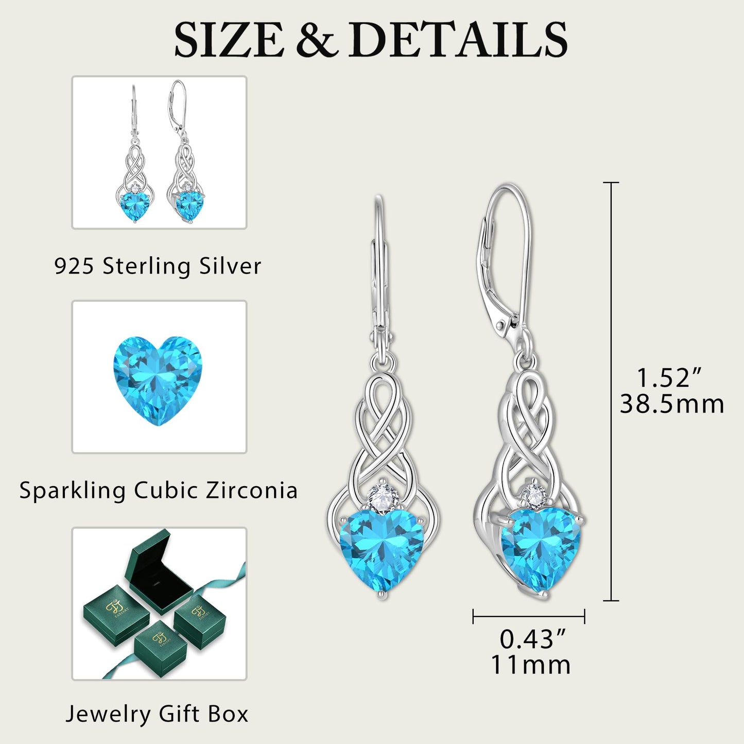 FJ Infinity Celtic Knot Jewelry Set for Women 925 Sterling Silver Aquamarine Necklace and Earrings Set March Birthstone Jewelry Gifts