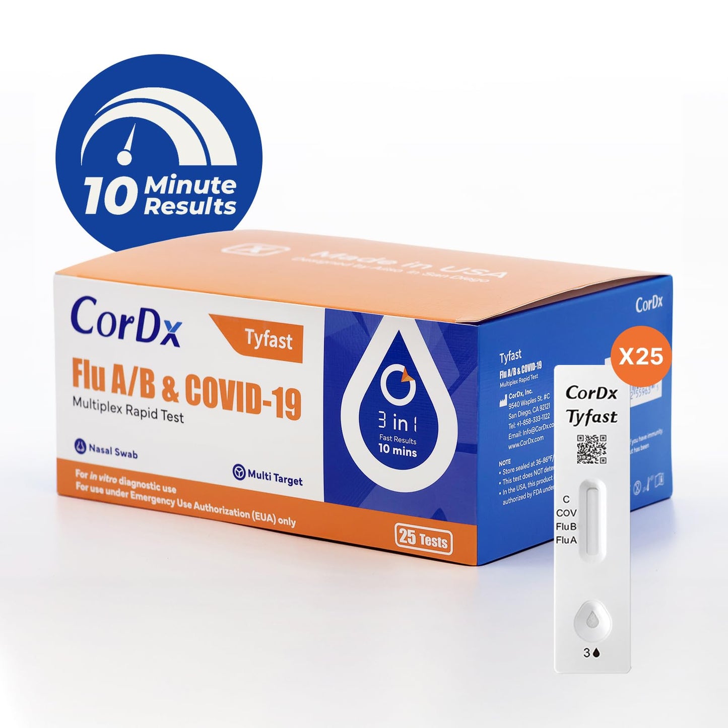 CorDx TyFast at Home Flu A/B & COVID-19 Multiplex Rapid Test Kit, Easy, Accurate, Fast Results in 10 Minutes, 3 in 1 Combo Kit, 25 Tests