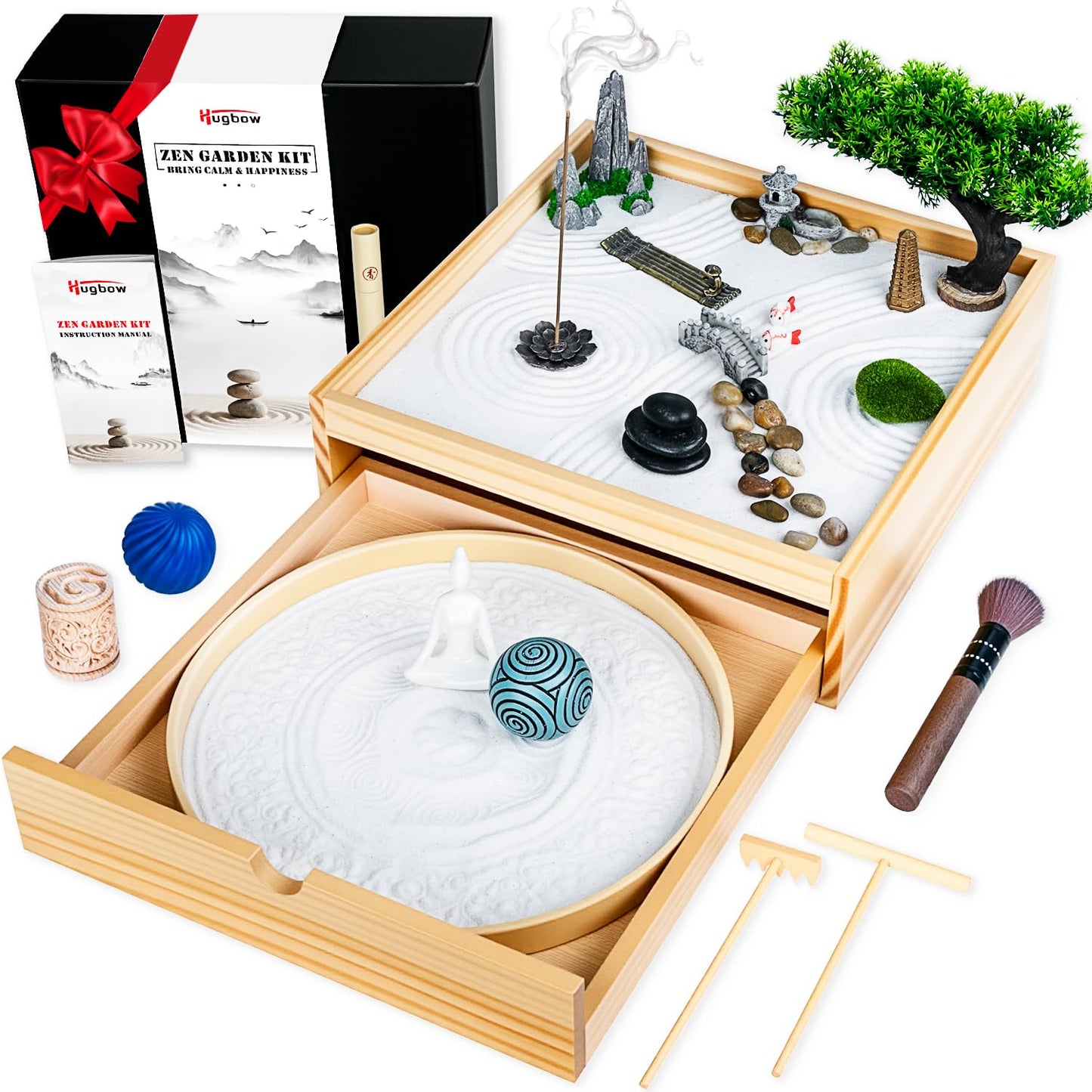 Hugbow Japanese Zen Garden Kit for Desk,Two-in-One Mini Zen Garden with Incense,26PCS Sand Tray Therapy Kit with 3 Stamp Spheres,Japanese Decor for Home&Office Desk and Meditation Therapy