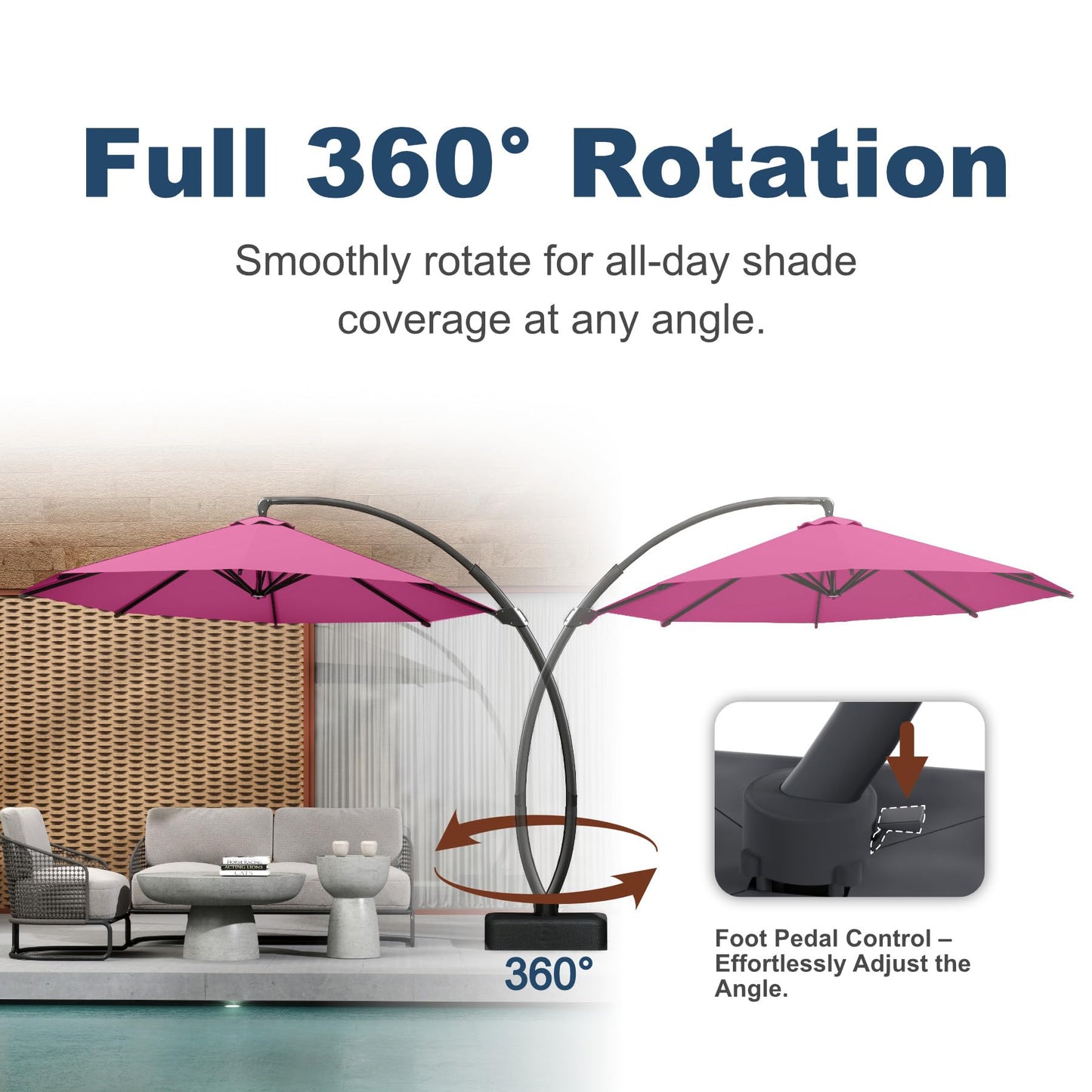 Patio Kingdom 11FT Cantilever Umbrella with Base Large Curvy Outdoor Aluminum Offset Umbrella w/ 360° Rotation, UV Resistant Canopy for Patio, Garden, Backyard, Rose Pink