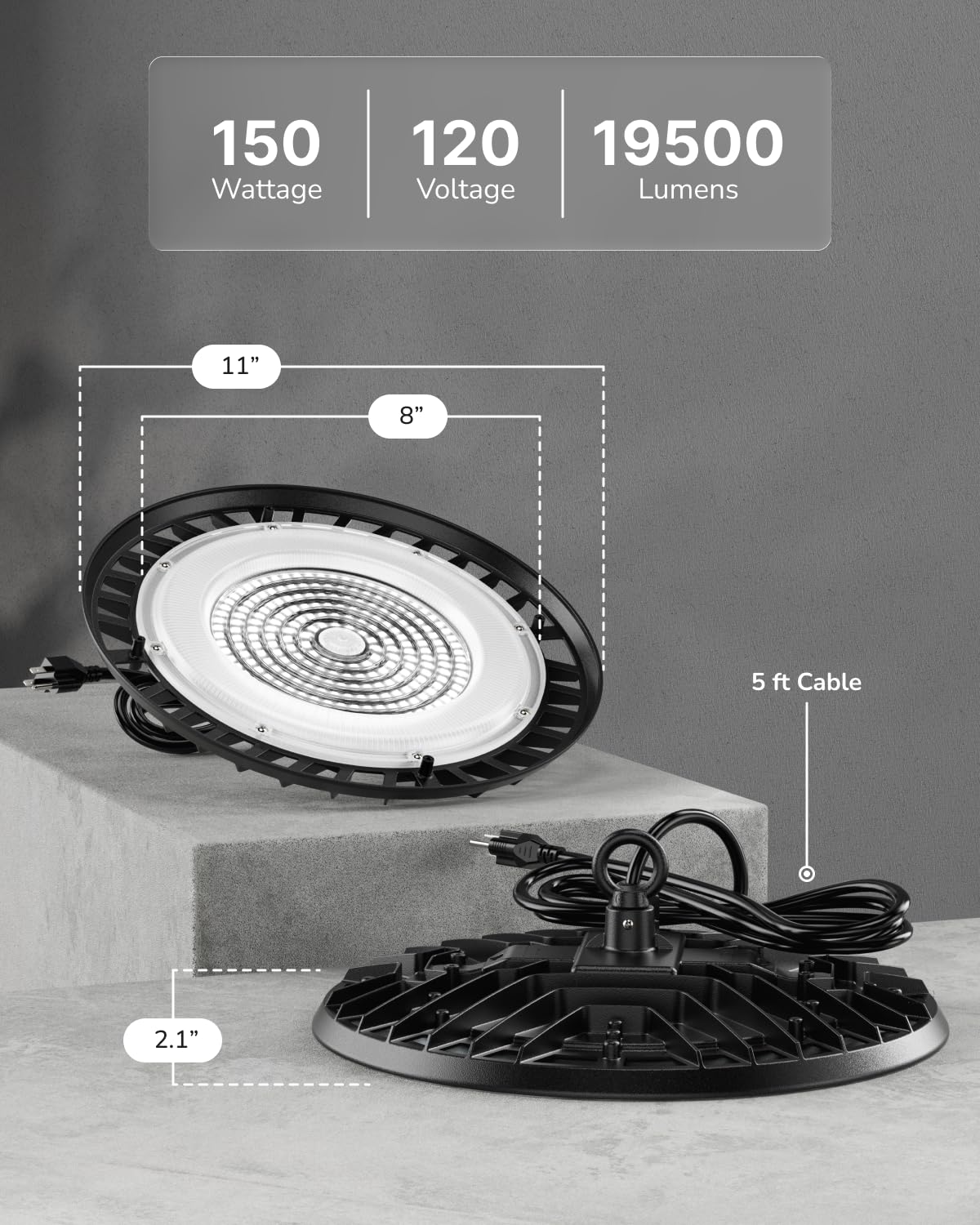 Sunco 6 Pack UFO LED High Bay Light, 150W, 19500 Lumens, 5000k Ultra Bright Commercial Shop Lights for Warehouse, Factory, Workshop, Garage & Barn, Ceiling Mount, Plug & Play, 120V, UL
