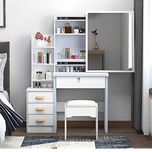 KEIKI Vanity Desk with Mirror for Makeup, Dressing Table Set with Stool,4 Drawers, White