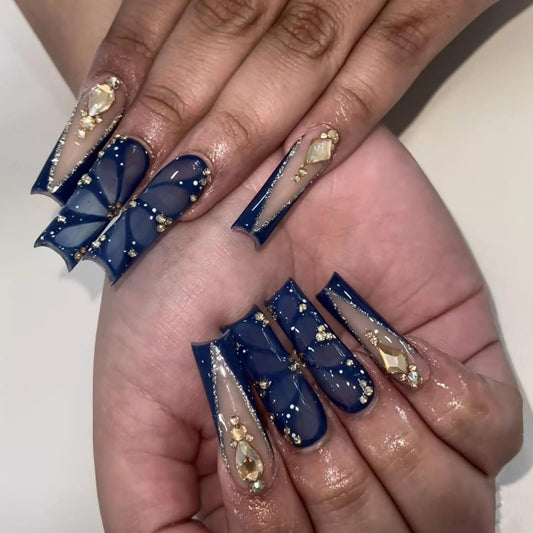 MISUD Press on Nails - Long Square Fake Nails with Navy Blue, Acrylic Butterfly Rhinestone Design 24 pcs