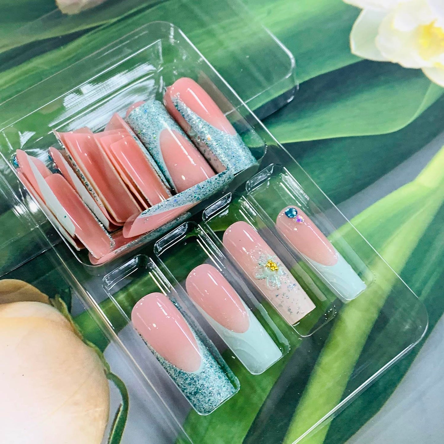 EYZOTSF Press on Nails Long Coffin Shaped Acrylic Square False Nails with Designs Artificial Extra Long Length Coffin Fake Nails with Charms Glue Stick ons Fingernails for Women Girls(Z1015)